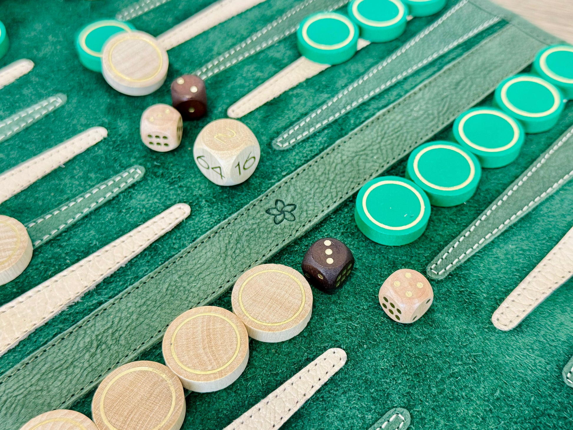 Celtics green nubuck backgammon board with green and cream wooden checkers