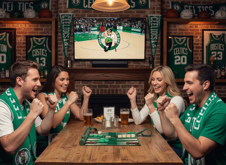 MELIA Celtics leather backgammon set played in an elegant social setting