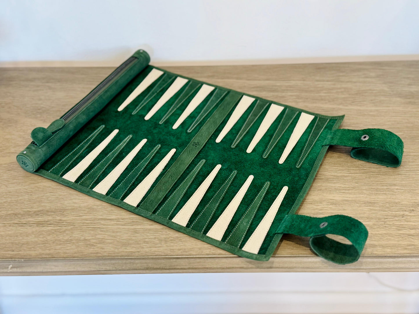 MELIA Celtics handcrafted green nubuck roll-up backgammon set