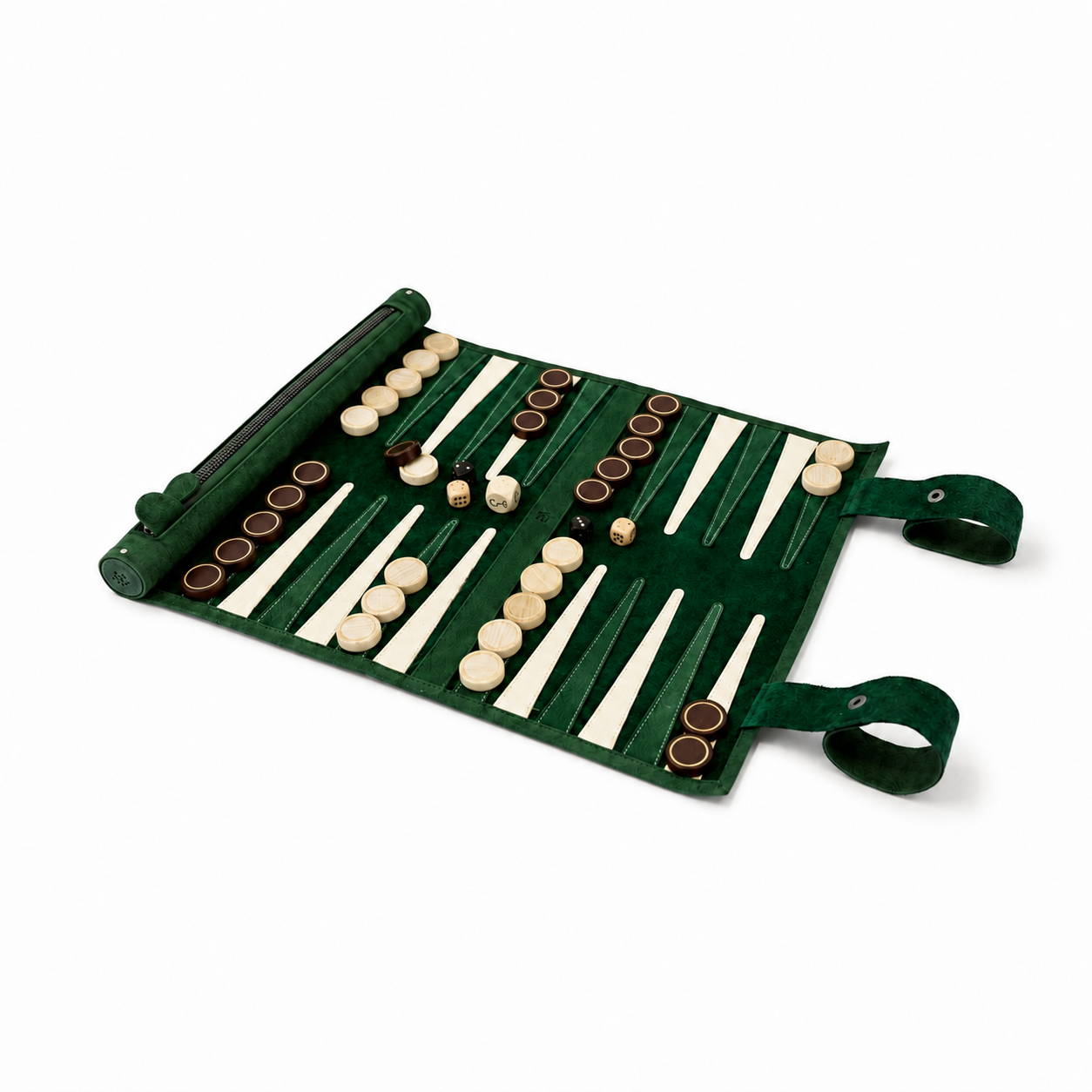 MELIA Celtics roll-up leather backgammon set in green nubuck leather