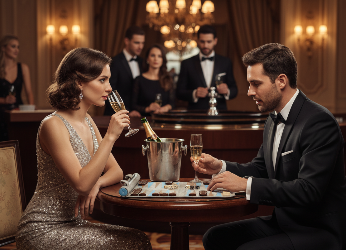 MELIA Champagne leather backgammon set being played in an elegant interior