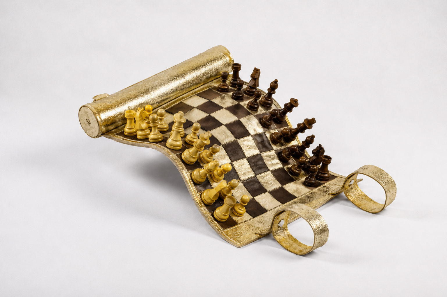 Gold-effect leather chess set handcrafted in Europe