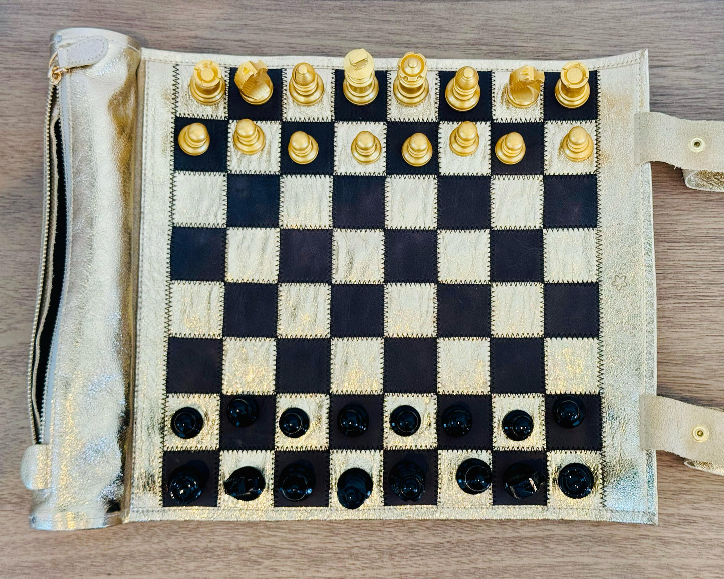 Open luxury gold leather chess board