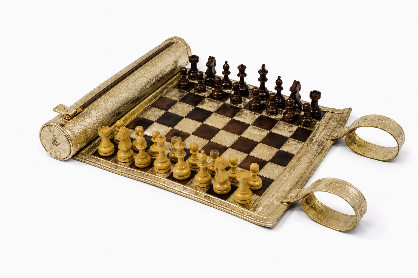 Leather storage compartment with gold and black chess pieces
