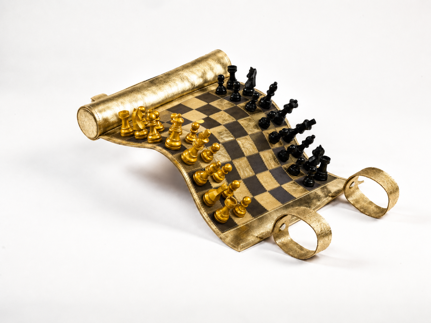 Luxury gold leather magnetic chess set Cleopatra with black and gold chess pieces