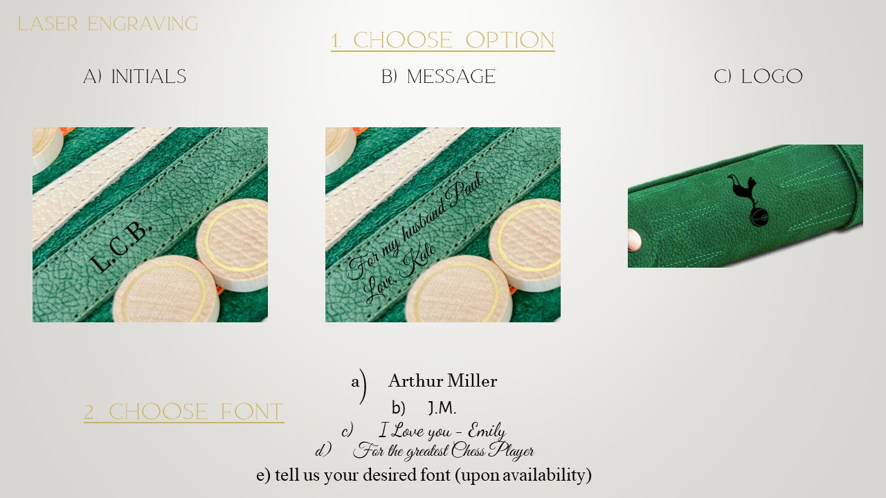 Green orange and cream leather design details of the MELIA Eire roll-up backgammon set