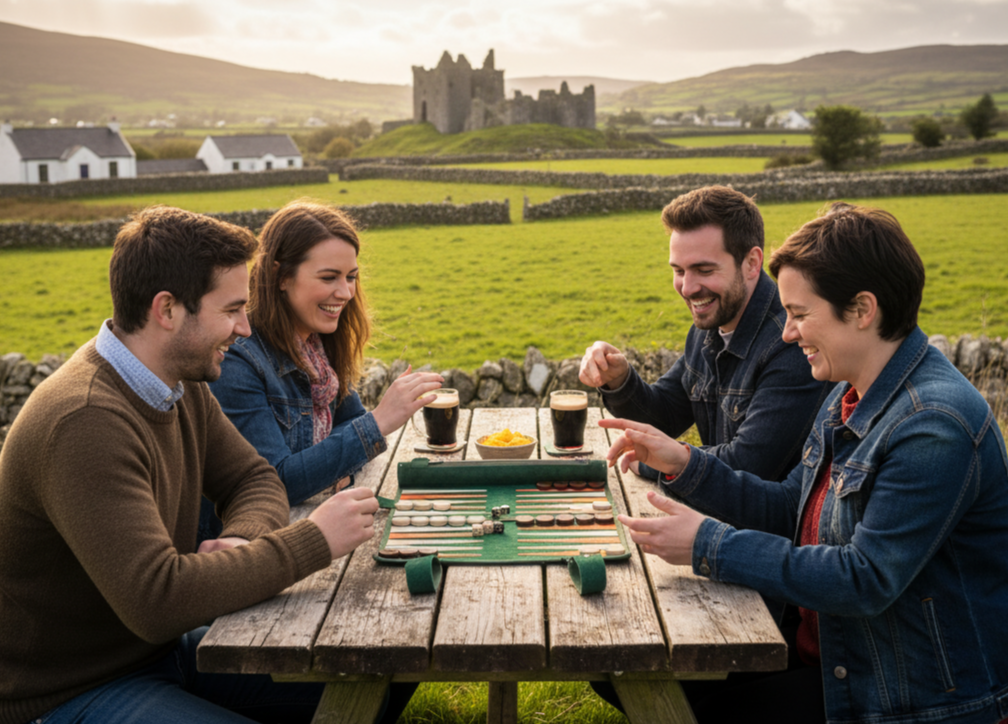 MELIA Eire leather backgammon set played in an elegant Irish countryside setting