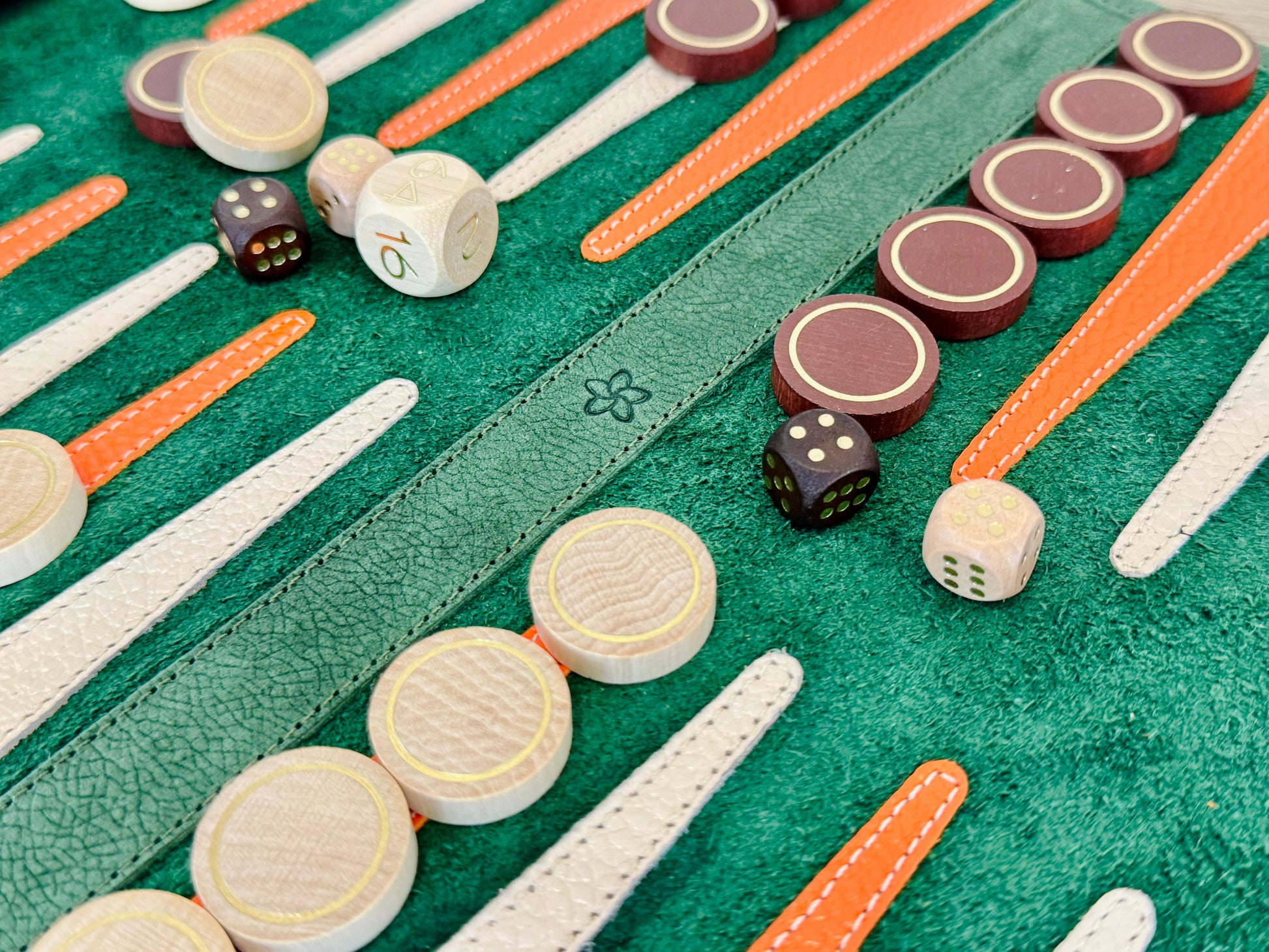 Eire green nubuck backgammon board with orange and cream leather points
