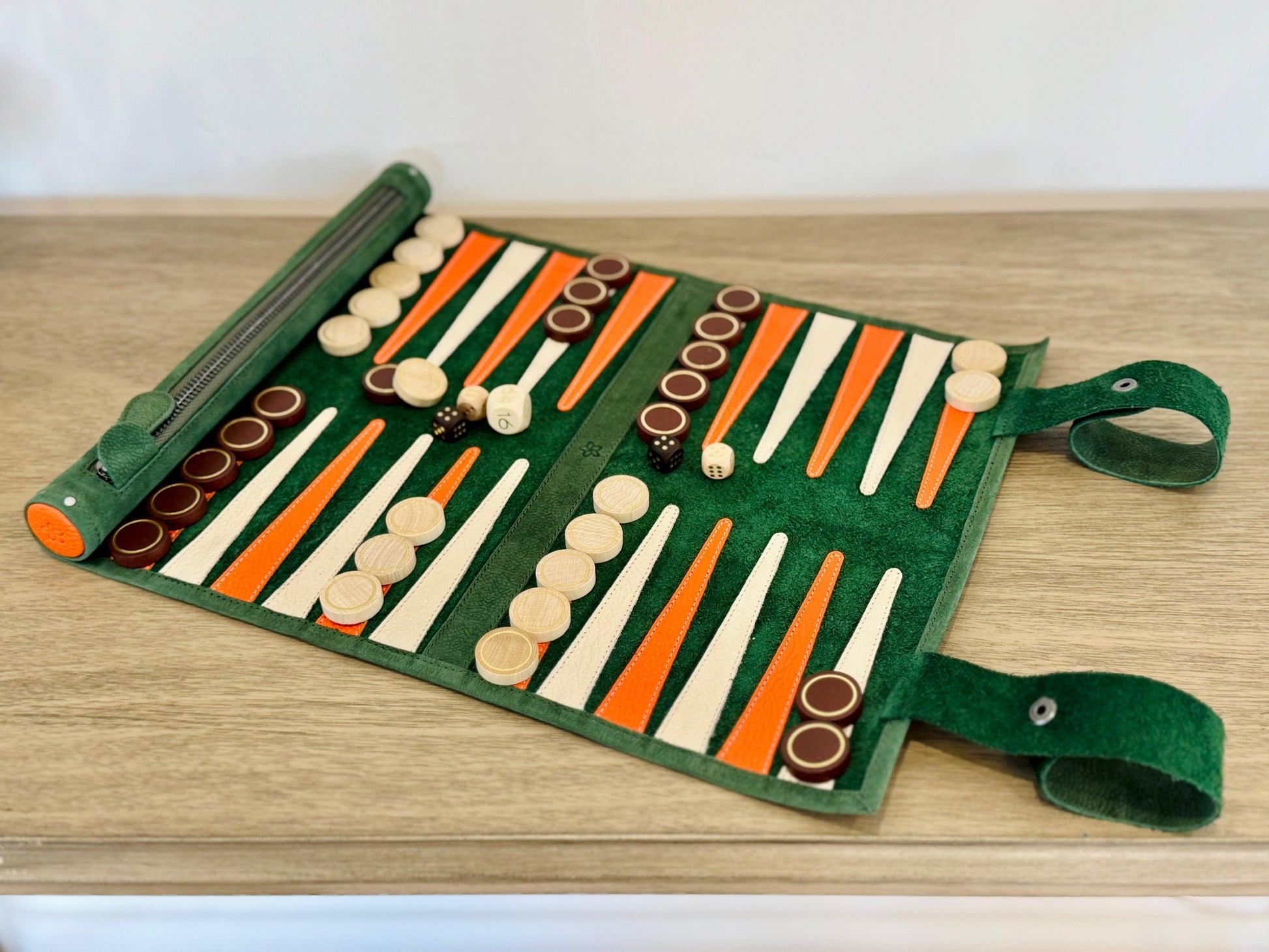MELIA Eire roll-up backgammon set with wooden checkers and dice