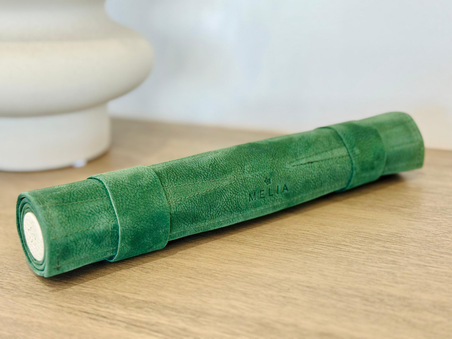 MELIA Eire green leather backgammon set rolled for travel