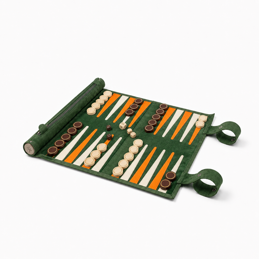 MELIA Eire roll-up leather backgammon set in green nubuck leather