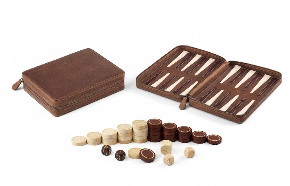 MELIA Foldable Backgammon Deluxe with wooden checkers, dice and Crazy Horse leather case