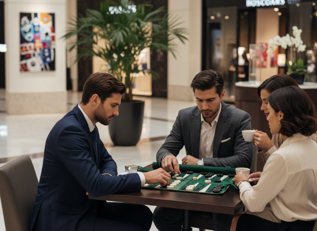 MELIA Geneve leather backgammon set played in an elegant lifestyle setting
