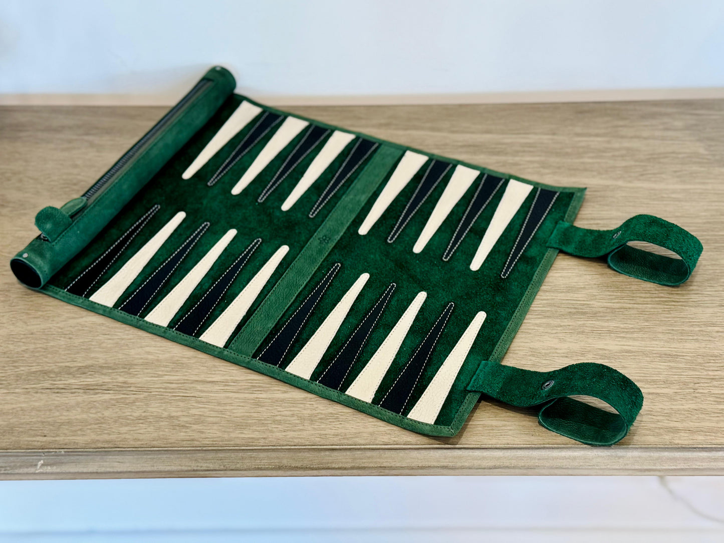 MELIA Geneve green nubuck backgammon board with individually stitched leather points