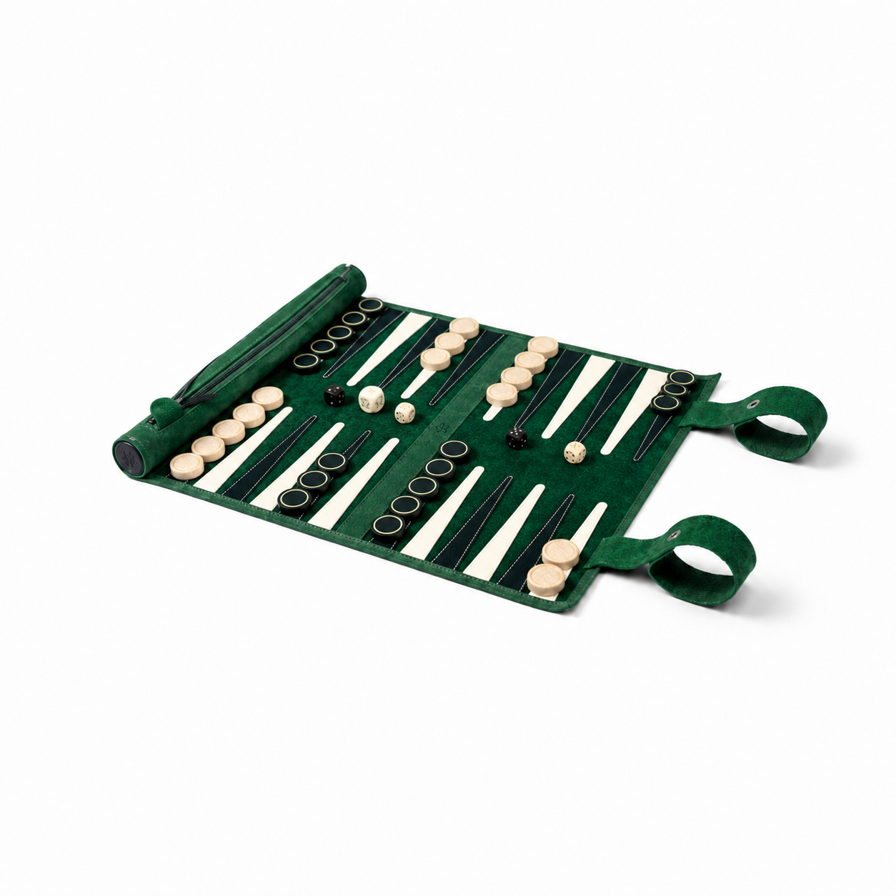 MELIA Geneve roll-up leather backgammon set in green nubuck leather