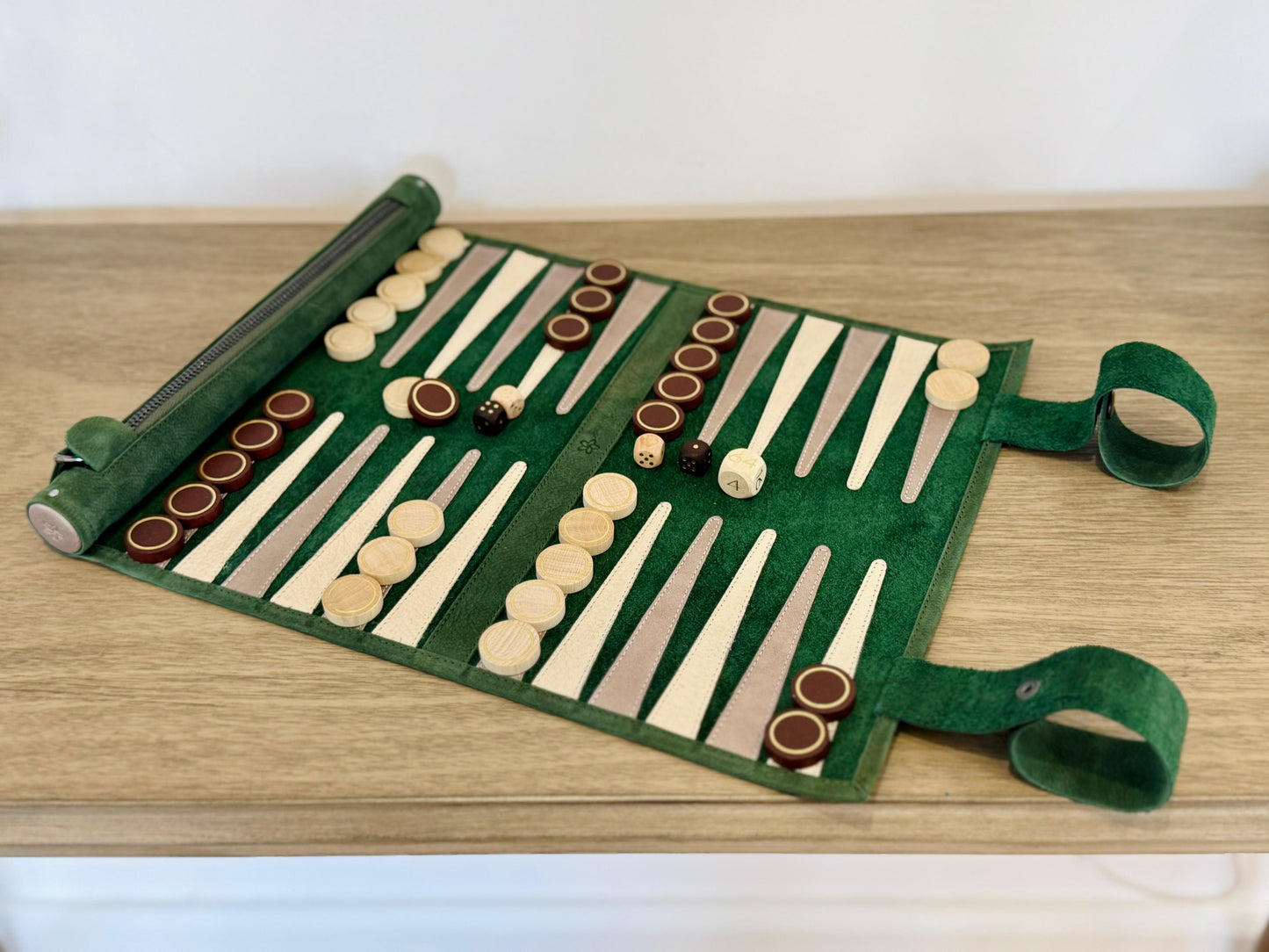 Open MELIA Grande Dame roll-up backgammon set handcrafted from green nubuck leather