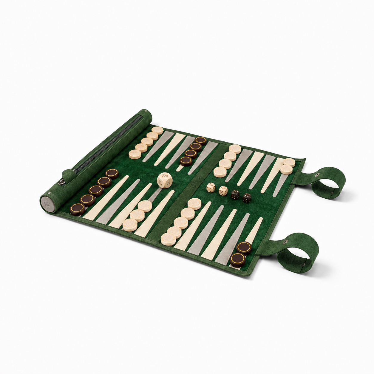 MELIA Grande Dame roll-up leather backgammon set in green nubuck leather
