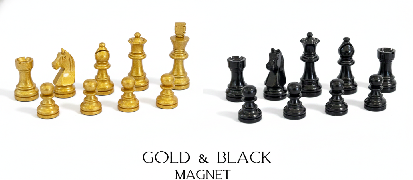 Gold and black lacquered magnetic Staunton chess pieces by MELIA