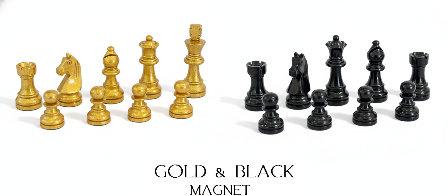 Gold and black lacquered magnetic Staunton chess pieces by MELIA