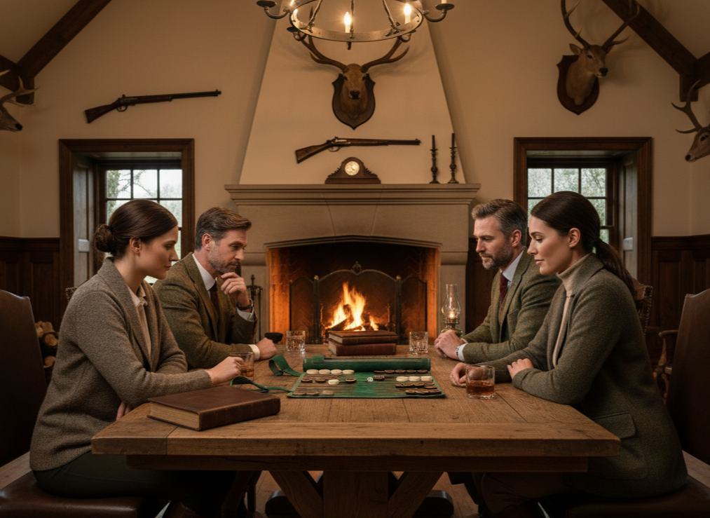 MELIA Hunter leather backgammon set in a luxury interior setting