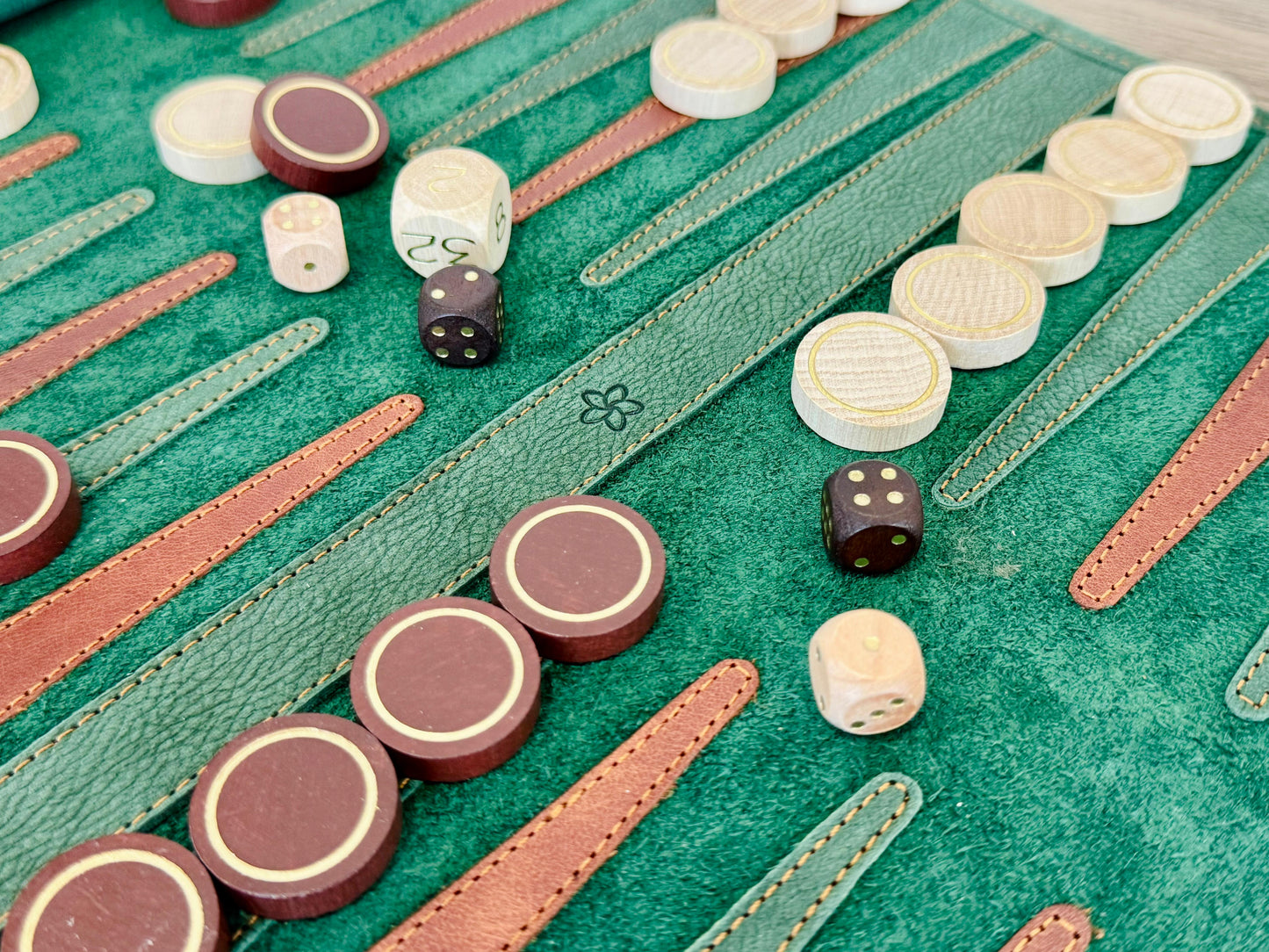 Hunter green leather backgammon board with brown and cream stitched points