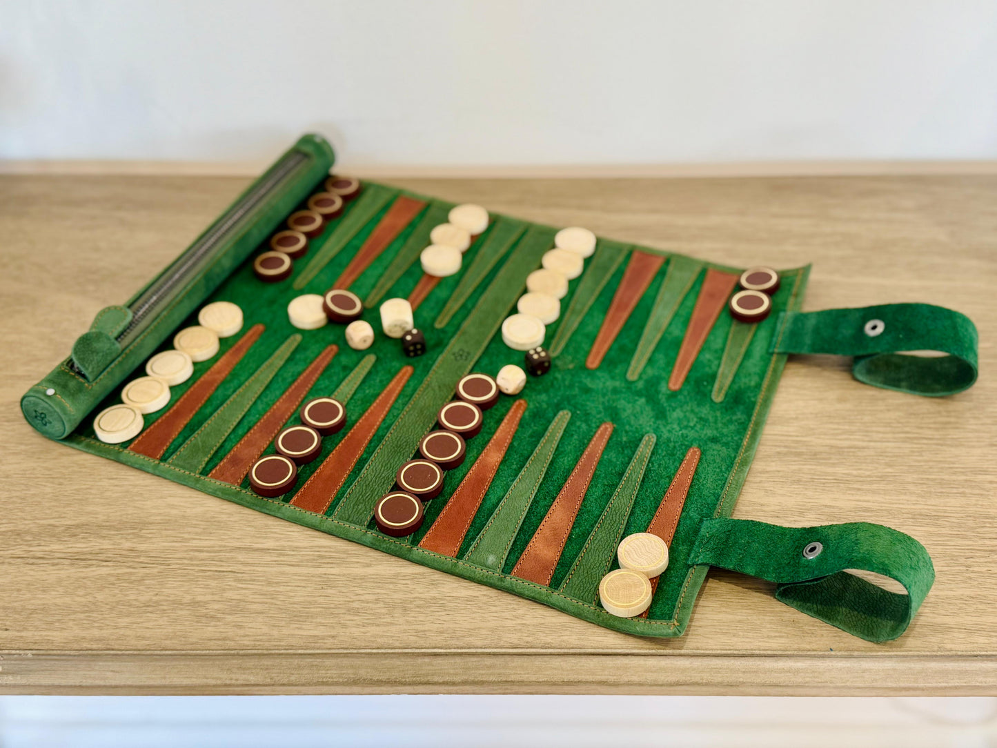 Open MELIA Hunter roll-up backgammon set in green nubuck leather