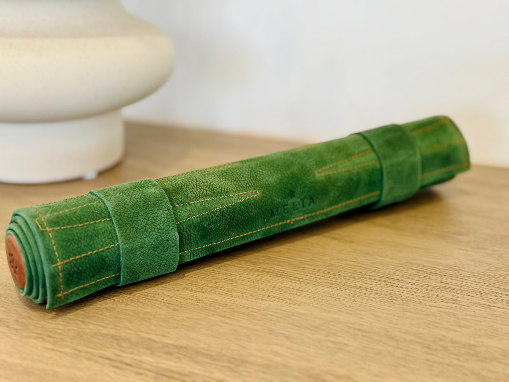 MELIA Hunter green leather backgammon set rolled for travel