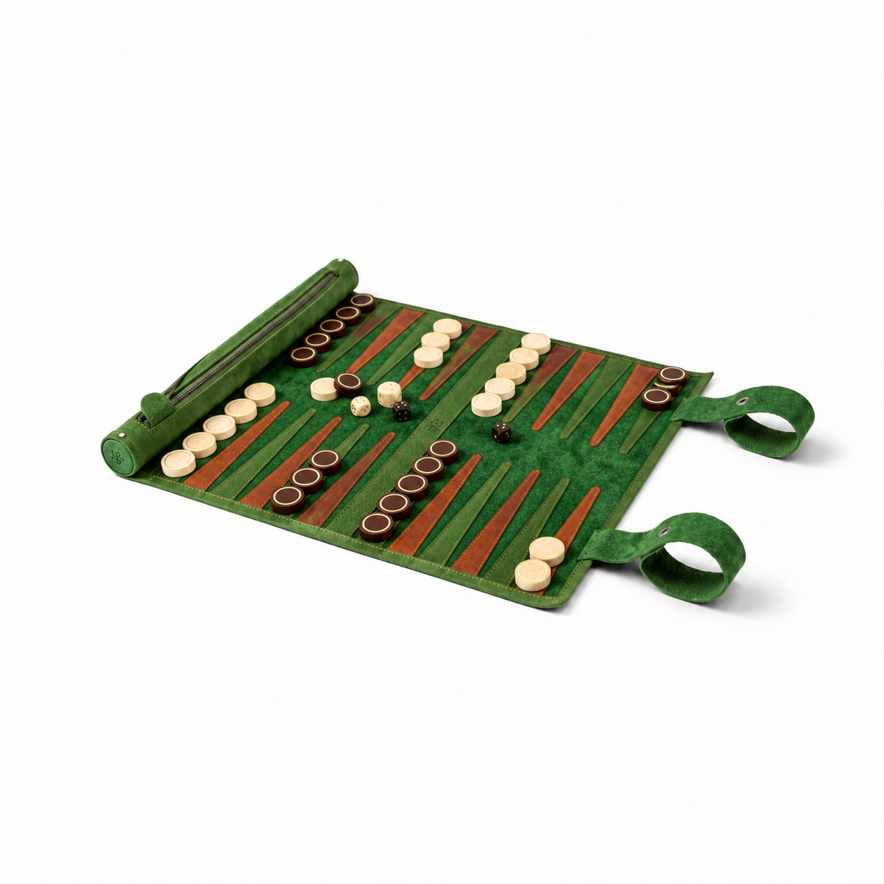 MELIA Hunter roll-up leather backgammon set in green nubuck leather
