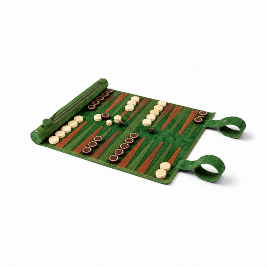 MELIA Hunter roll-up leather backgammon set in green nubuck leather