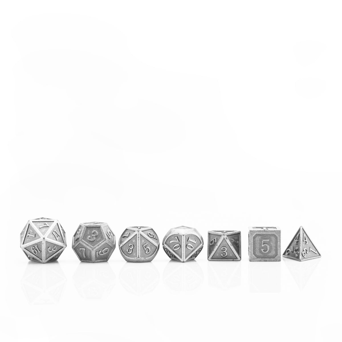 Iron polyhedral RPG dice including D4 D6 D8 D10 D12 and D20