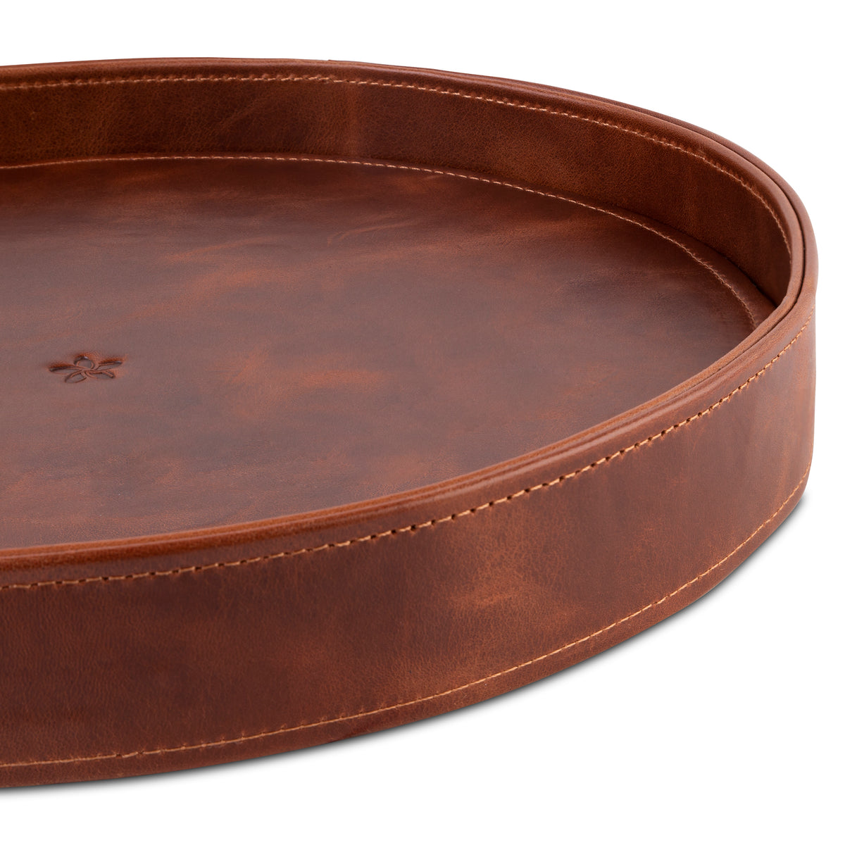 MELIA large round leather tray with handcrafted raised leather edge