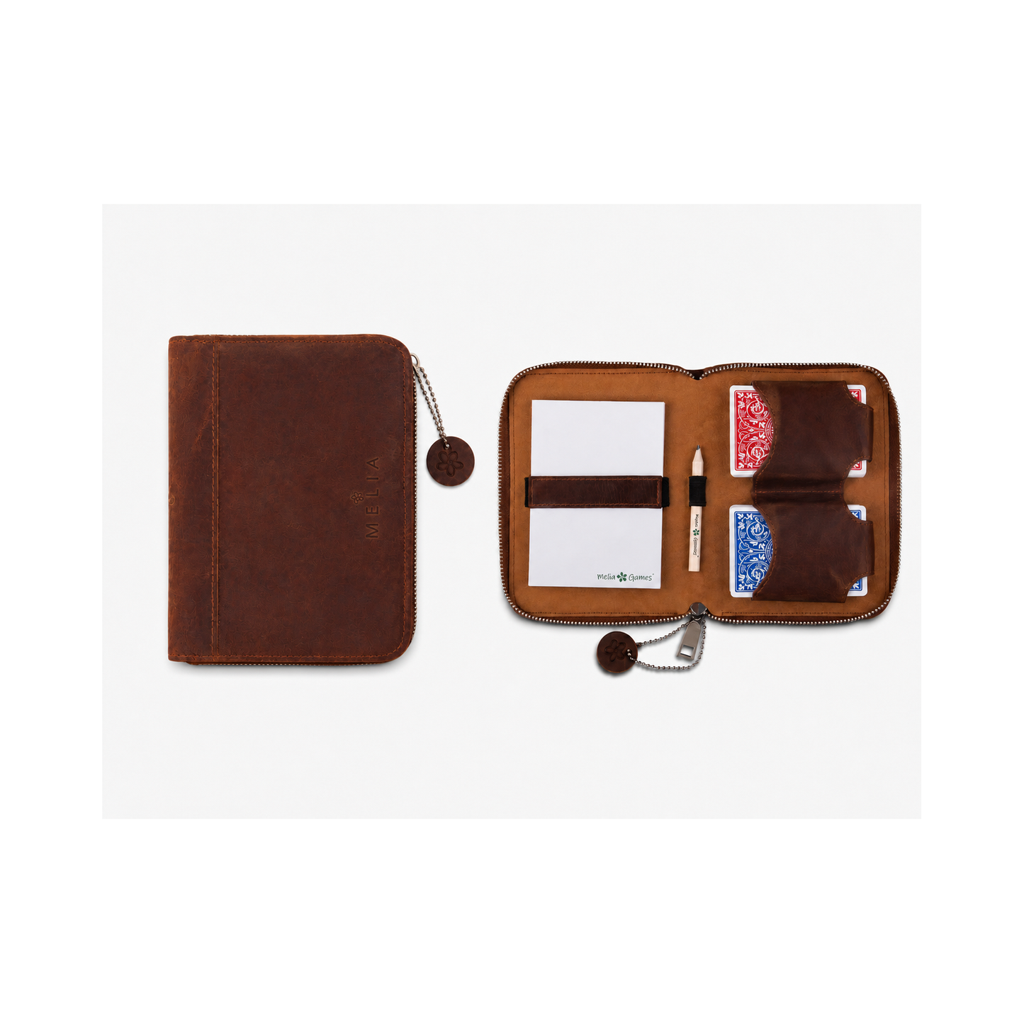 MELIA Playing Cards Set Deluxe in Classic Brown leather with two card decks, scorebook and pencil