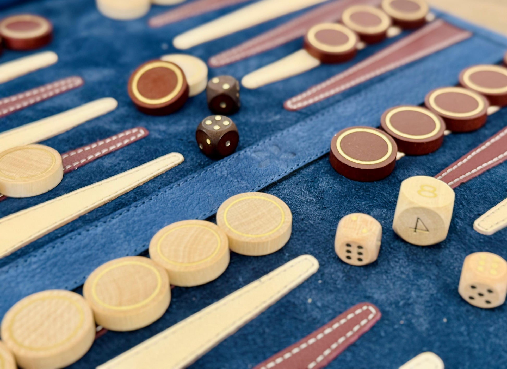 Les Bleus leather backgammon with brown and white wooden checkers