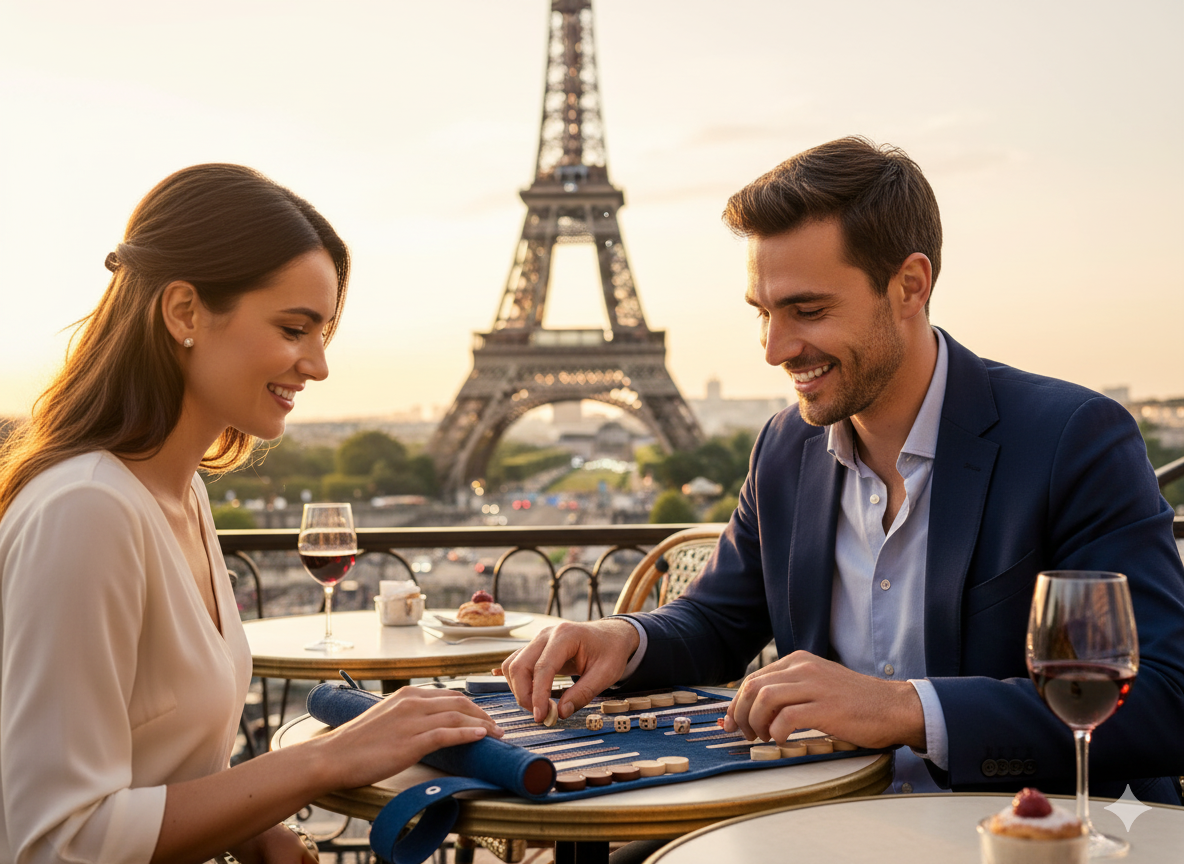 MELIA Les Bleus leather backgammon set in a luxury Paris travel setting