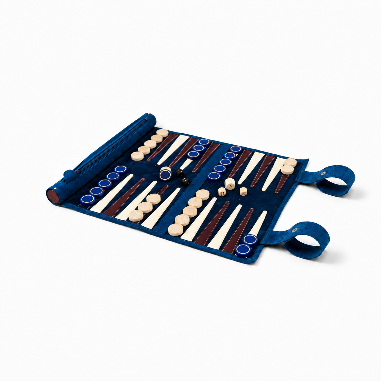 Open MELIA Les Bleus roll-up backgammon board in blue nubuck leather