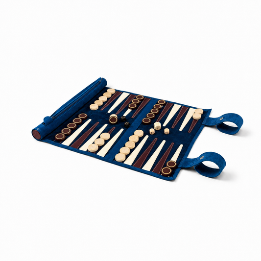 MELIA Les Bleus roll-up leather backgammon set in blue nubuck leather