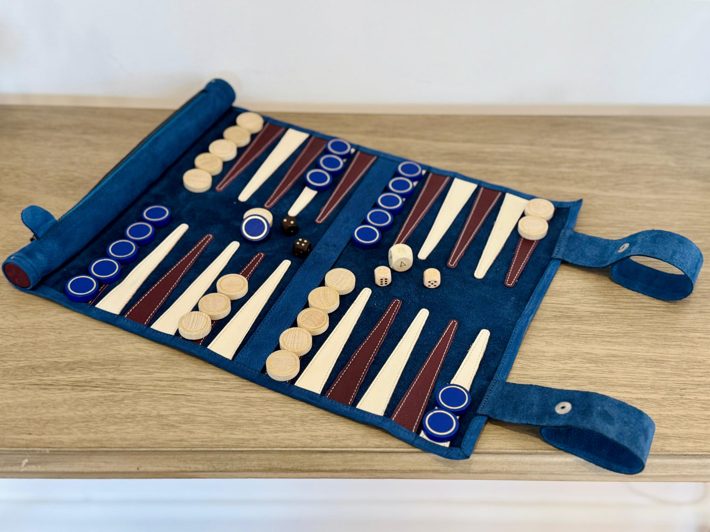Les Bleus leather backgammon set in compact travel form