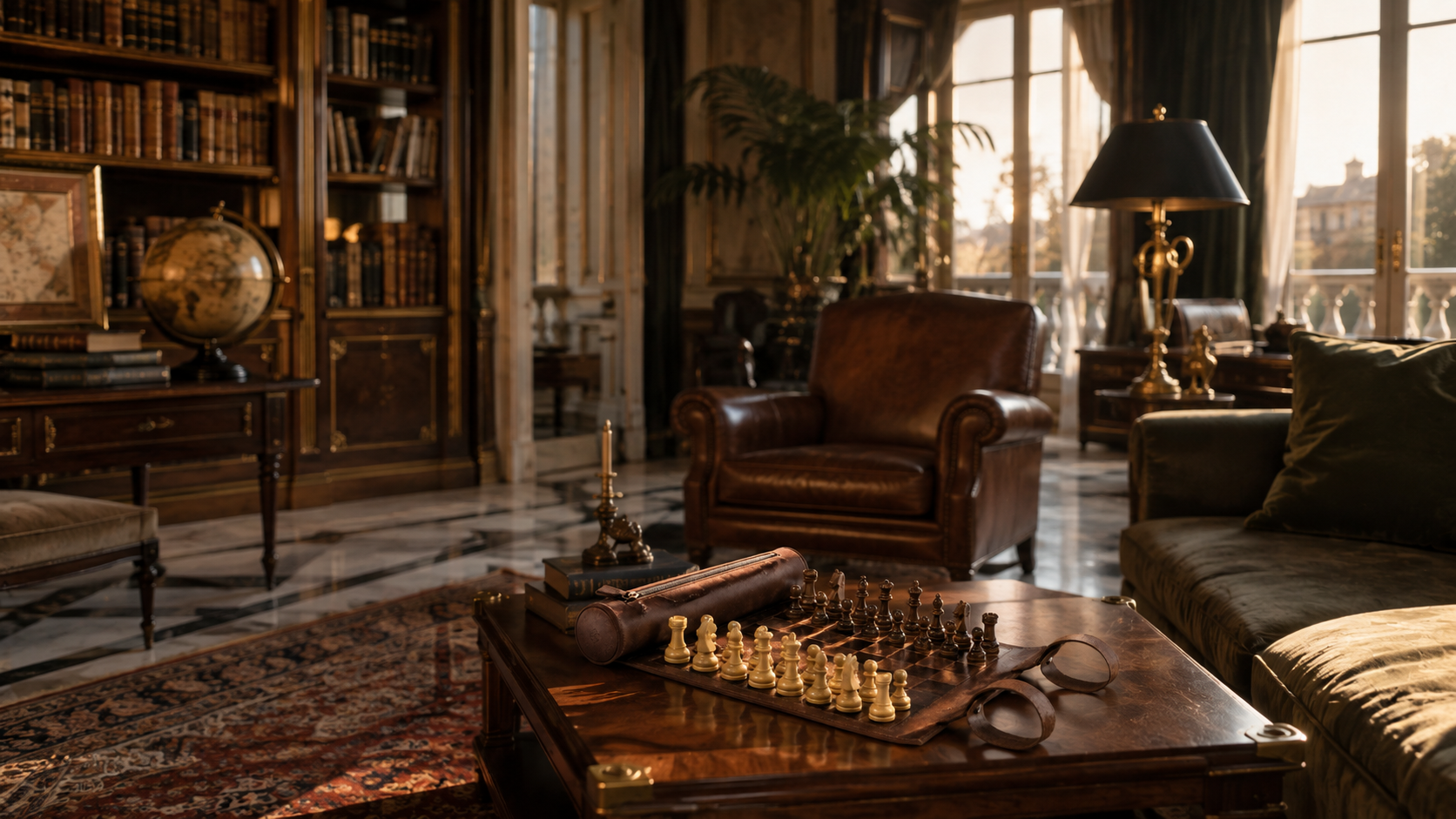 MELIA luxury leather chess, backgammon and playing cards displayed in an elegant library