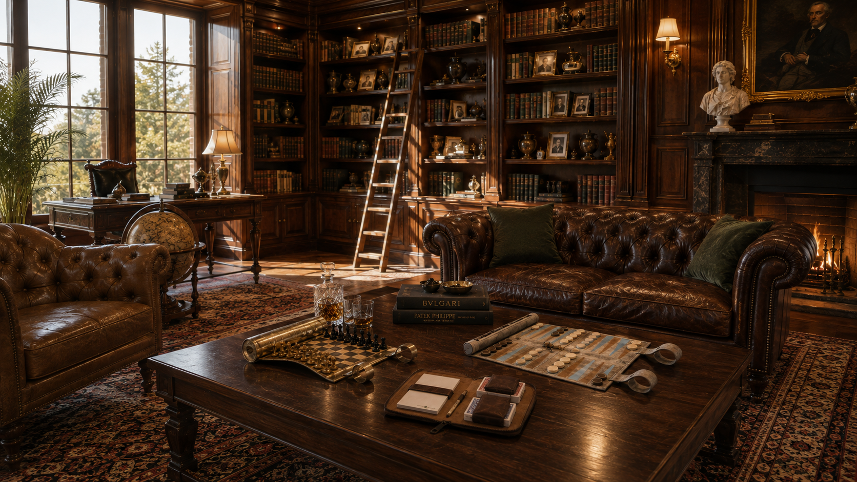 MELIA handcrafted luxury chess, backgammon and playing card sets in an elegant library interior