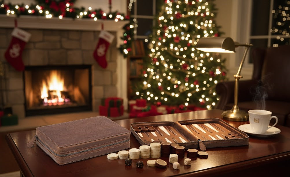Luxury MELIA leather backgammon set in an elegant Christmas interior