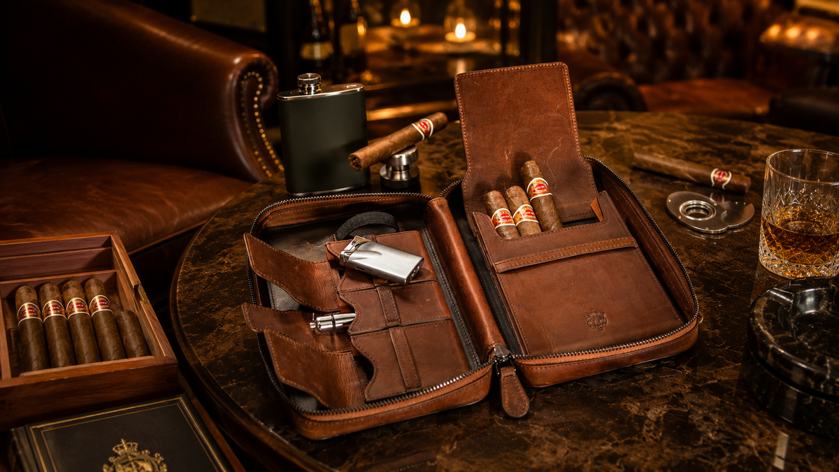 Luxuriöses braunes MELIA Leder-Zigarrenetui mit Zigarren und Accessoires auf einem dunklen Marmortisch in einer eleganten Cigar-Lounge mit warmer, stimmungsvoller Beleuchtung.