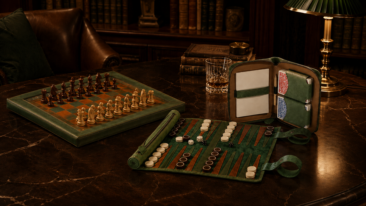MELIA luxury leather chess, backgammon and playing card sets handcrafted in Europe