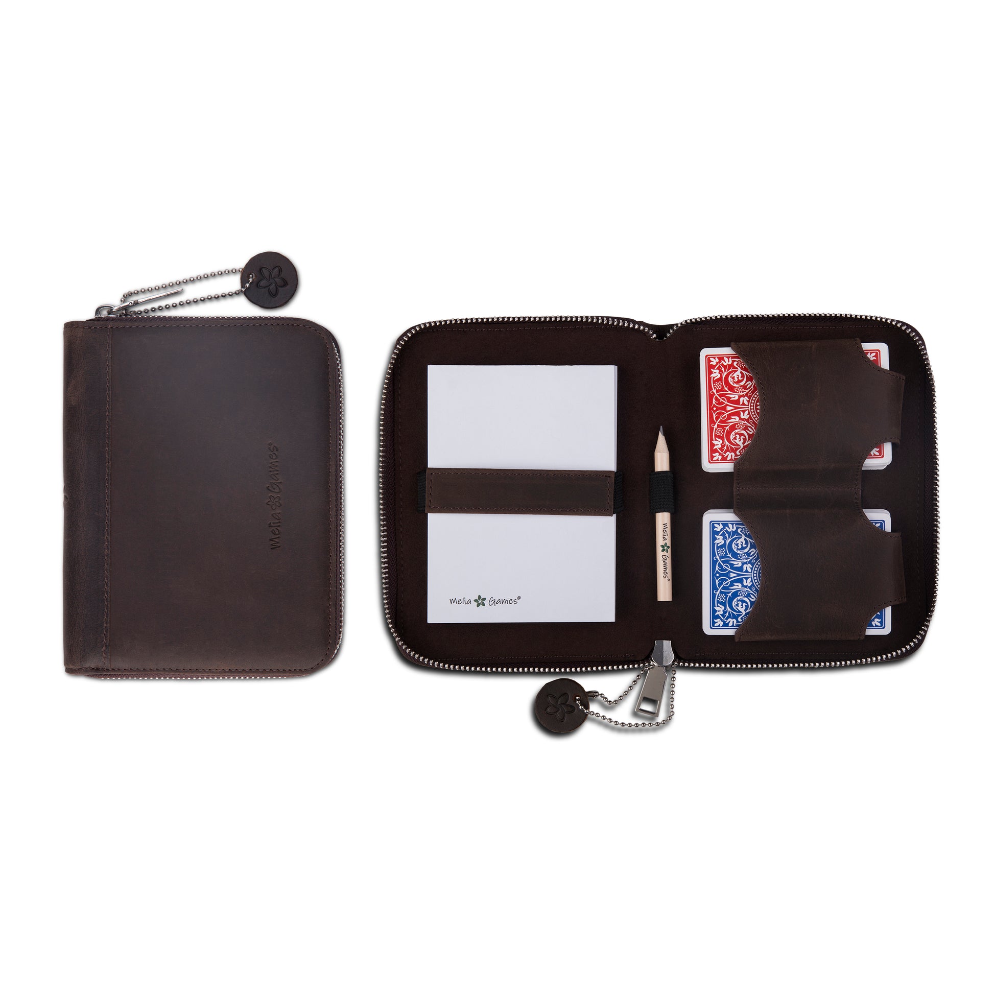 MELIA luxury leather Playing Cards Set Deluxe in Dark Brown shown open and closed