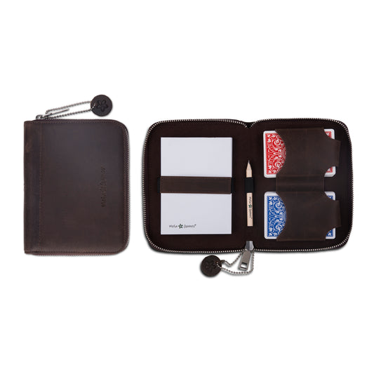 MELIA luxury leather Playing Cards Set Deluxe in Dark Brown shown open and closed
