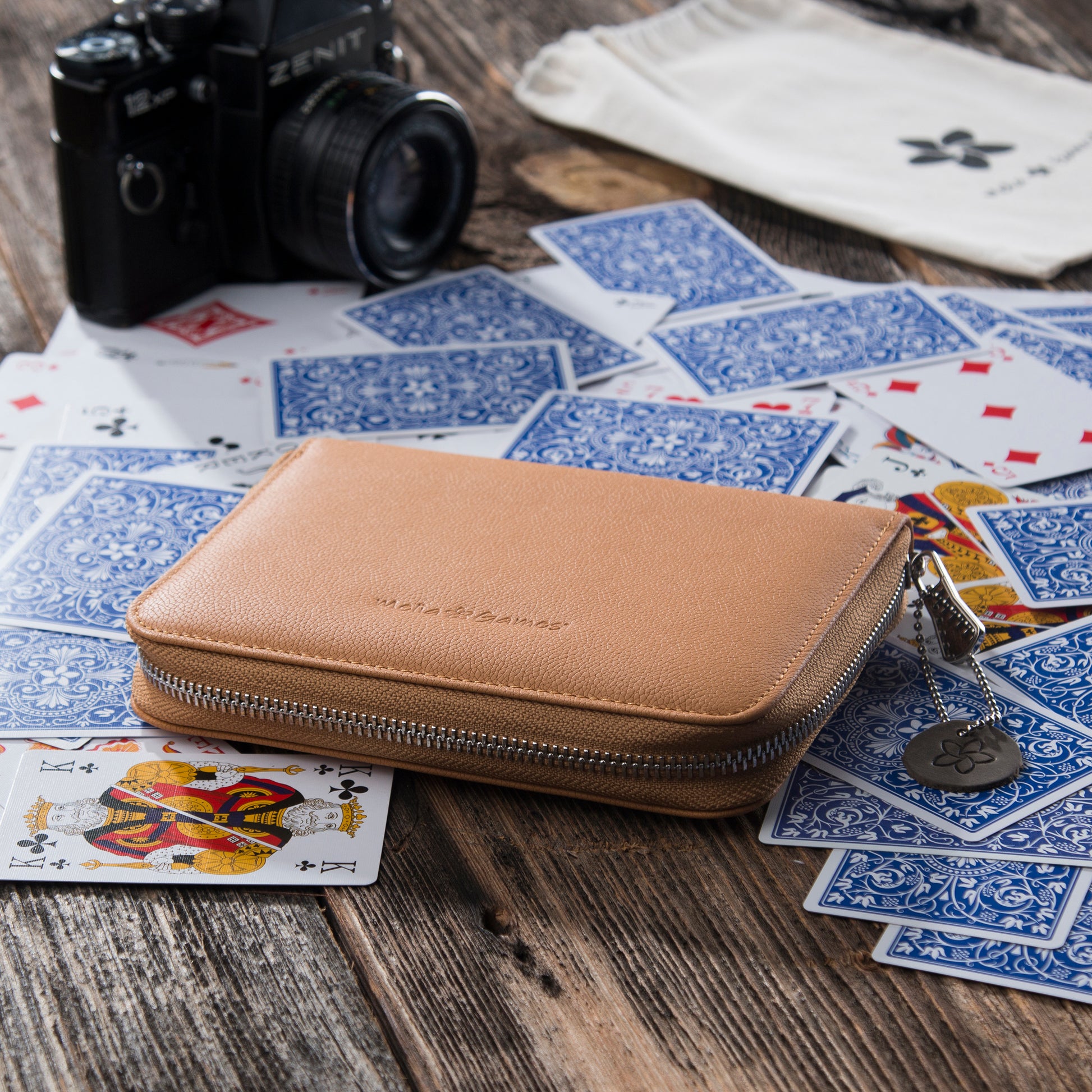 MELIA Mustard leather playing card case with playing cards while travelling