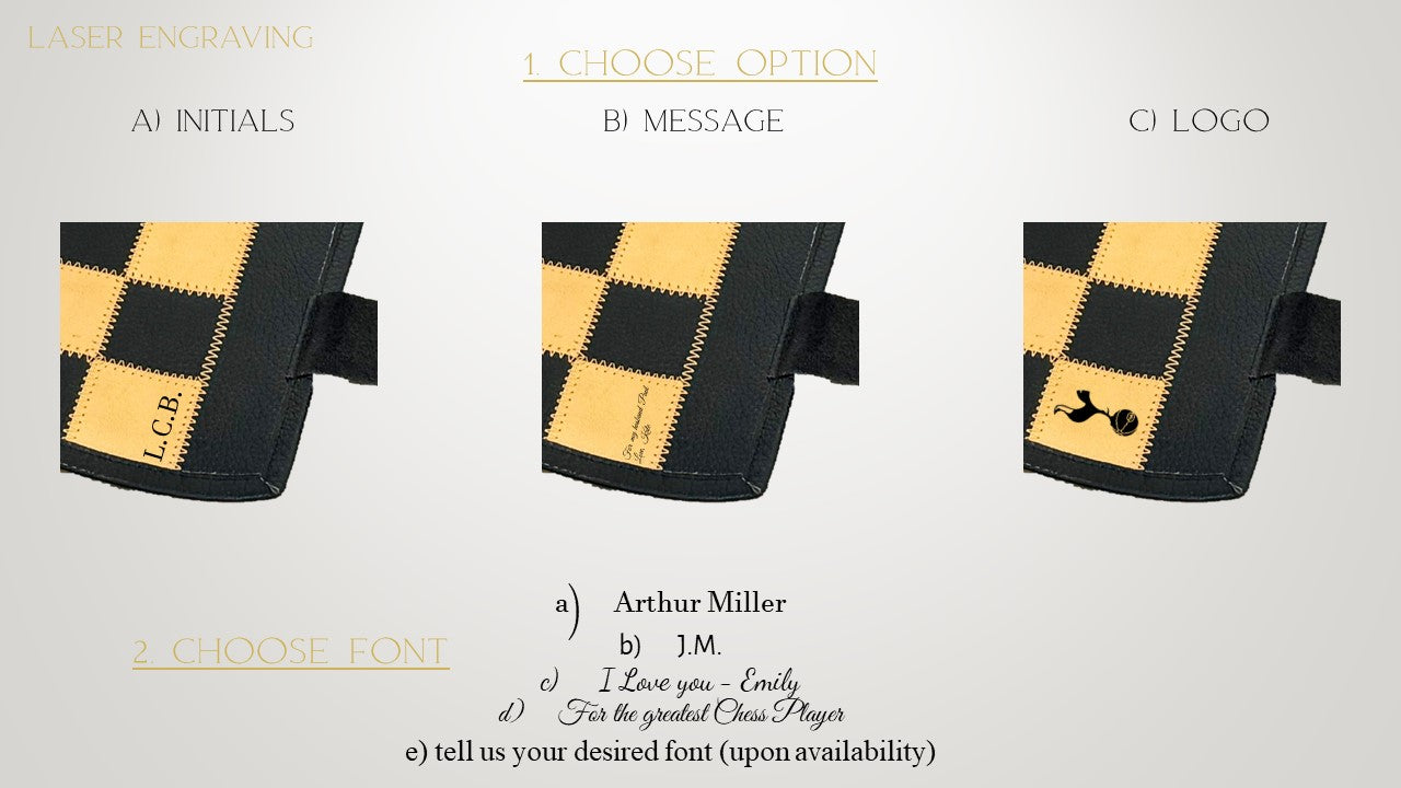 engraving options of MELIA Pharaoh luxury leather chess set