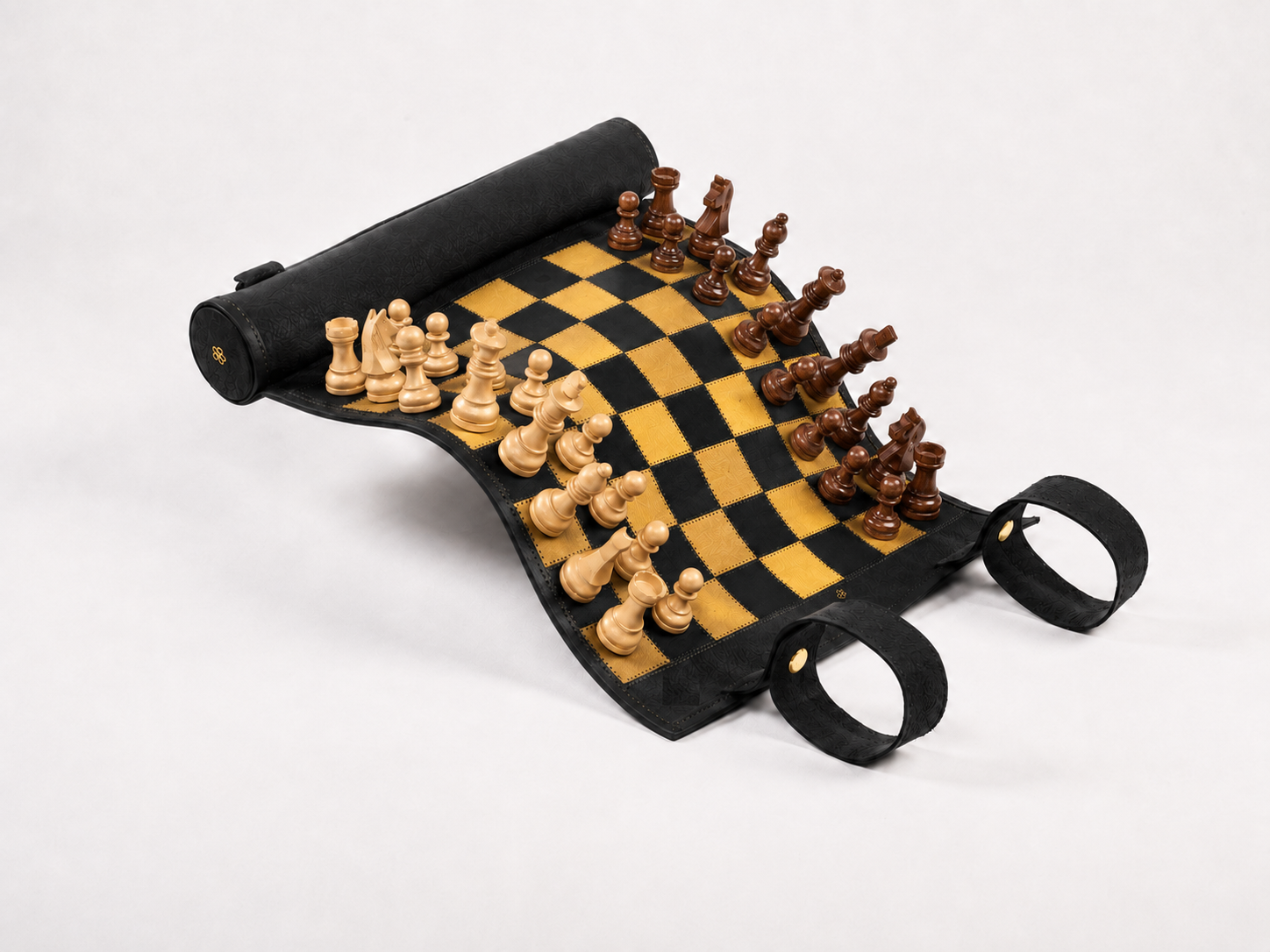 Pharaoh magnetic leather chess set displayed in a luxury interior