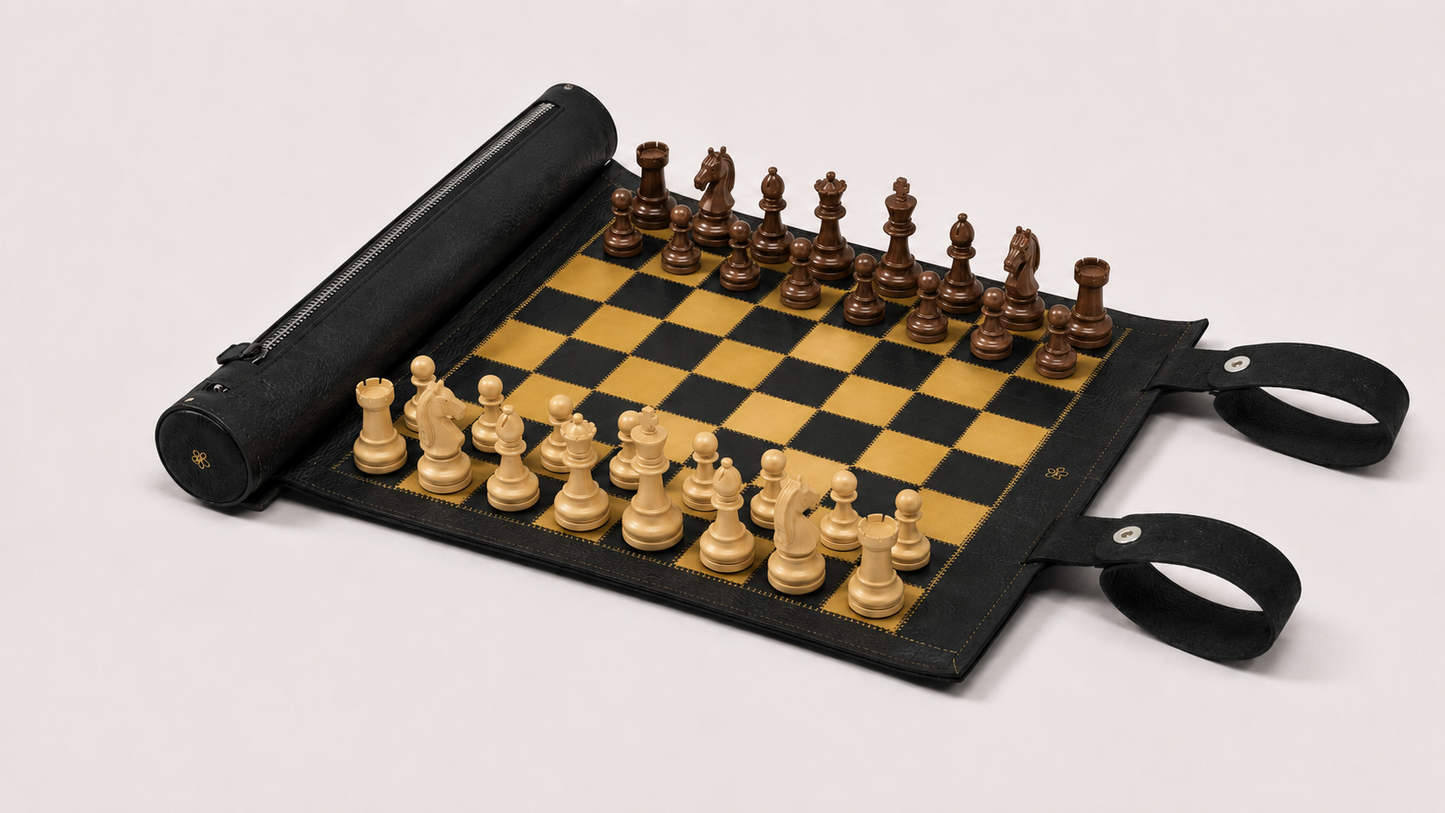Leather storage compartment with wooden chess pieces