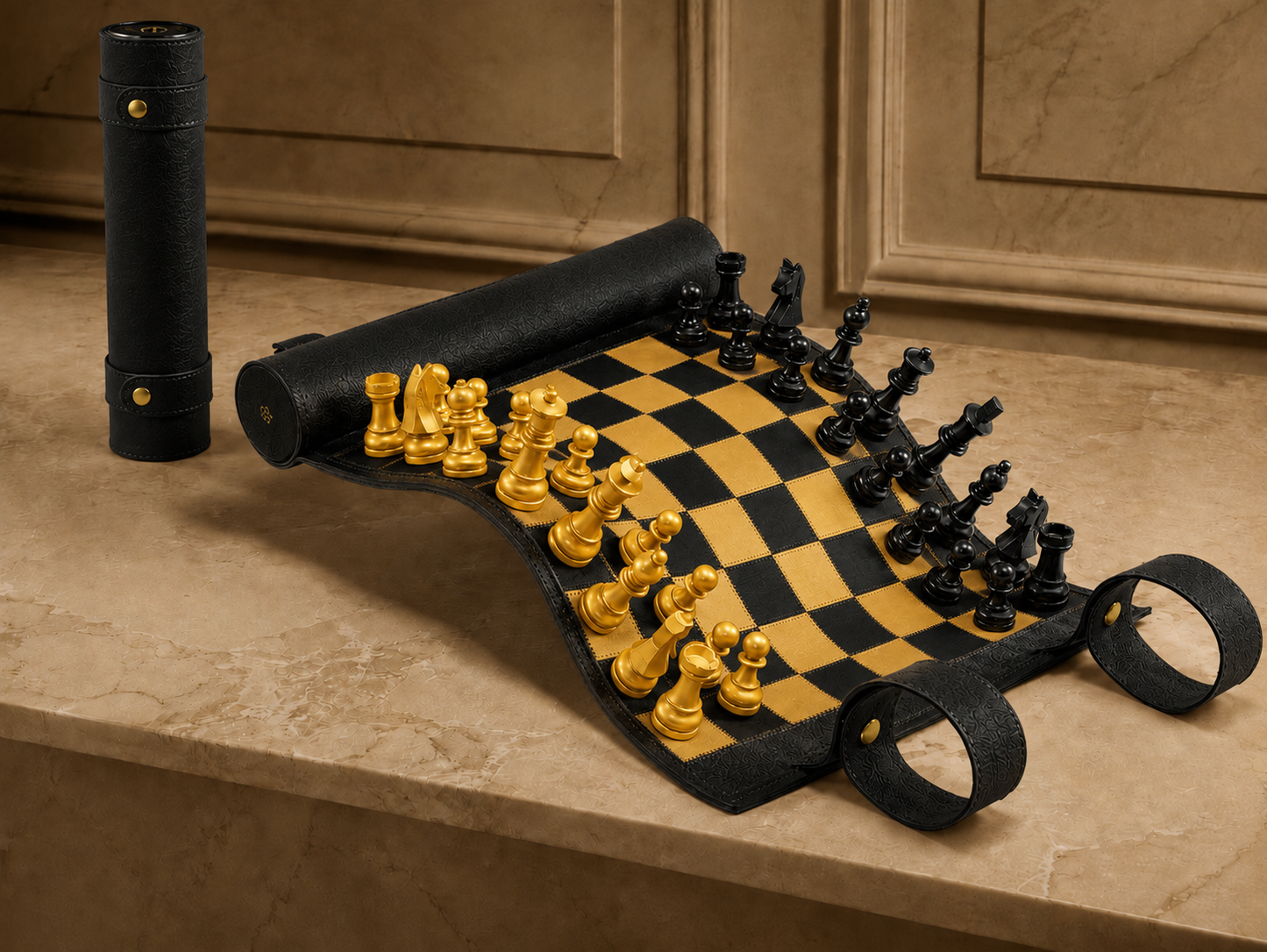 Roll-up magnetic leather chess board Pharaoh handcrafted in Europe