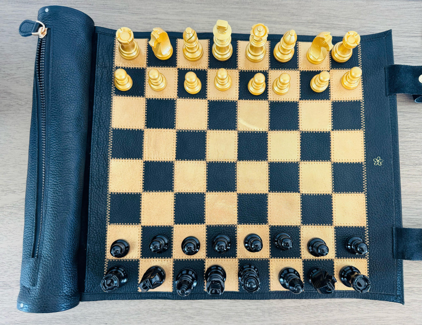 Top view of Pharaoh roll-up magnetic leather chess board